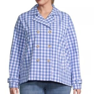 St Johns Bay Gingham Double Breasted Trench Coat Jacket in Blue and White